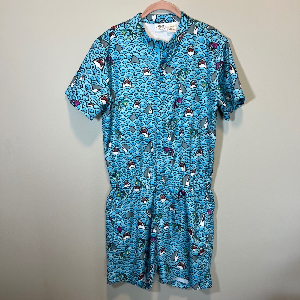 Funny Guy Creation Men's Shark Print Romper Blue Zip Front One Piece Small